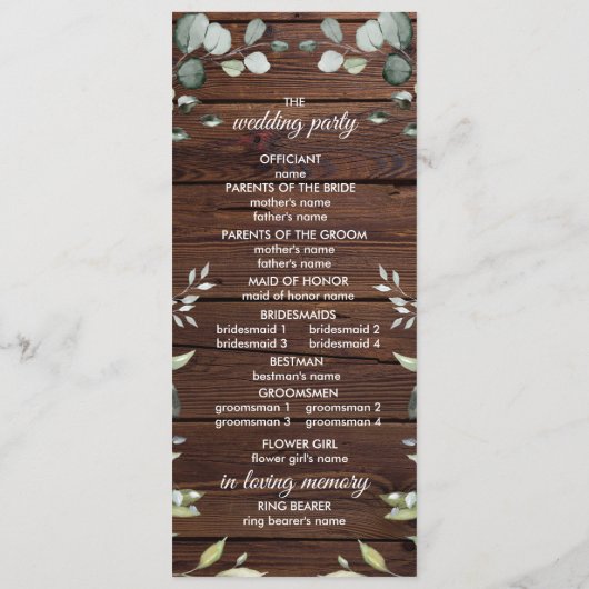 Elegant Greenery Rustic Wood Wedding Programs Programmakaart (Achterkant)