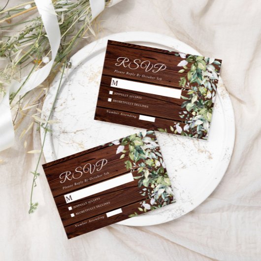 Elegant Greenery Rustic Wood Wedding RSVP Kaartje
