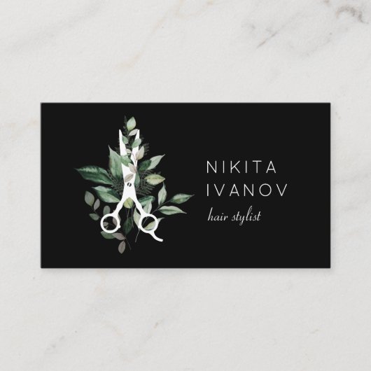Elegant Greenery Salon Scissors Logo Benoeming Visitekaartje (Voorkant)