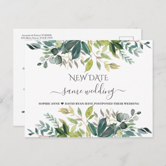 Elegant Greenery Same Wedding New Date Update Briefkaart (Voorkant / Achterkant)