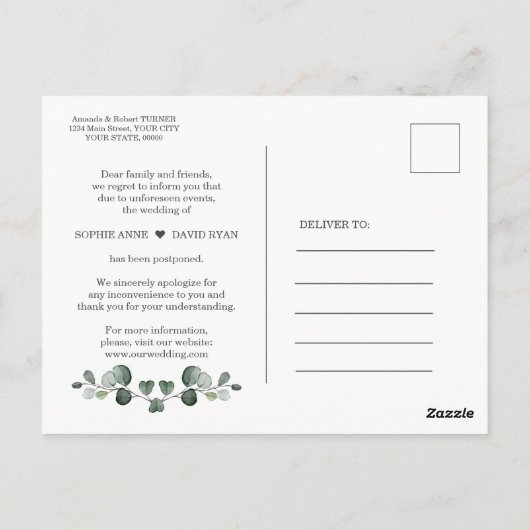 Elegant Greenery Same Wedding New Date Update Briefkaart (Achterkant)