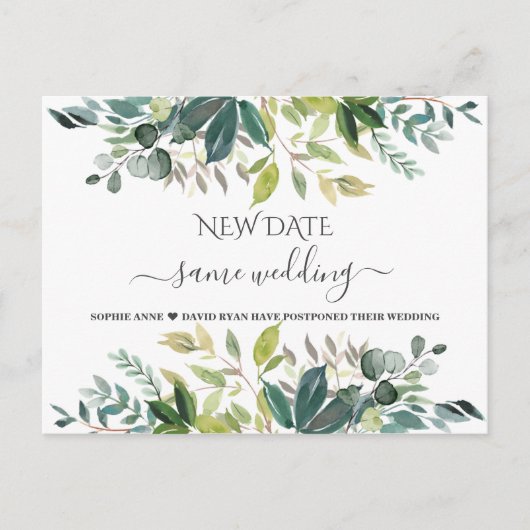 Elegant Greenery Same Wedding New Date Update Briefkaart (Voorkant)