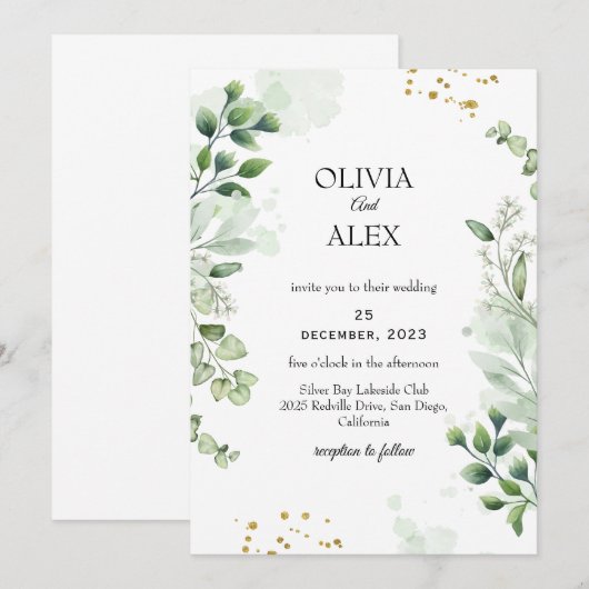 Elegant Greenery Script Huwelijksuitnodiging Kaart (Voorkant / Achterkant)
