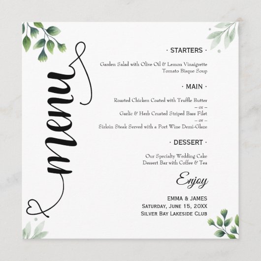 Elegant Greenery Script Rond bruiloft Flat Menu (Voorkant)