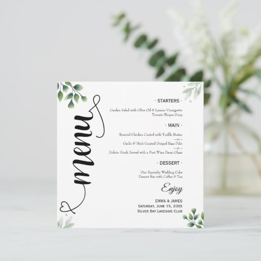 Elegant Greenery Script Rond bruiloft Flat Menu (Staand voorkant)