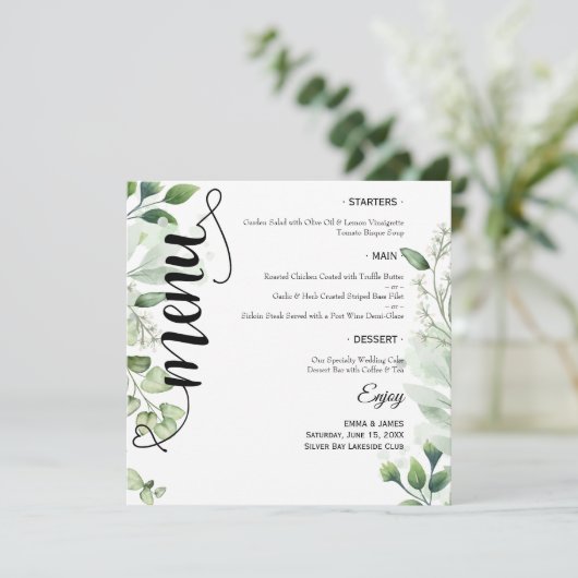 Elegant Greenery Script Round Wedding Flat Menu (Staand voorkant)