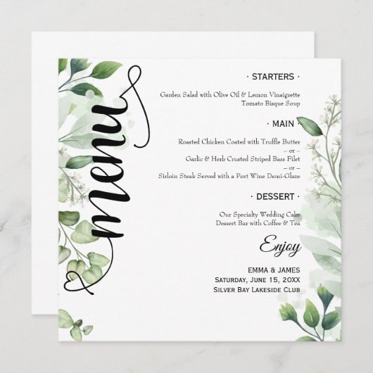 Elegant Greenery Script Round Wedding Flat Menu (Voorkant / Achterkant)