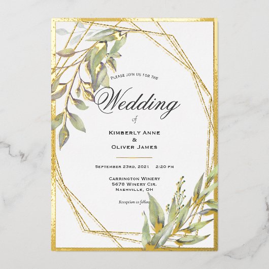 Elegant Greenery Script Wedding Folie Uitnodiging (Voorkant)
