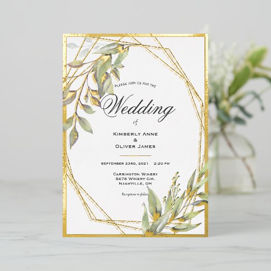 Elegant Greenery Script Wedding Folie Uitnodiging (Staand Voorkant)