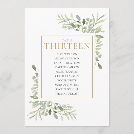Elegant Greenery Table Number 13 Seating Chart Kaart (Achterkant)