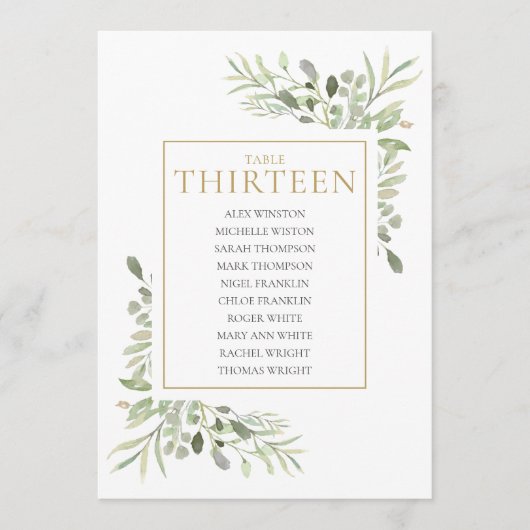 Elegant Greenery Table Number 13 Seating Chart Kaart (Voorkant)
