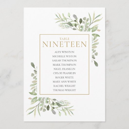 Elegant Greenery Table Number 19 Seating Chart Kaart (Achterkant)