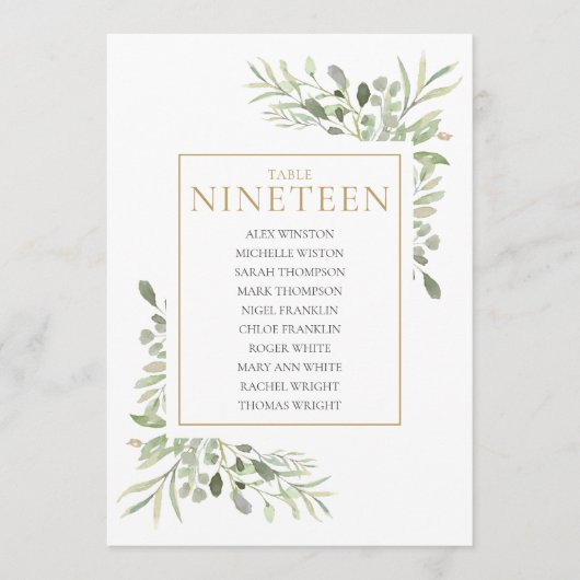 Elegant Greenery Table Number 19 Seating Chart Kaart (Voorkant)
