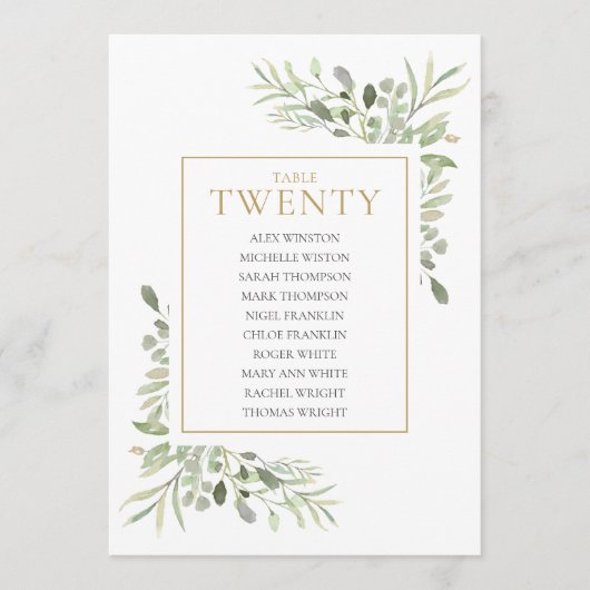 Elegant Greenery Table Number 20 Seating Chart Kaart (Voorkant)