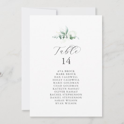 Elegant Greenery Table Number Seating Chart Kaarte (Voorkant)