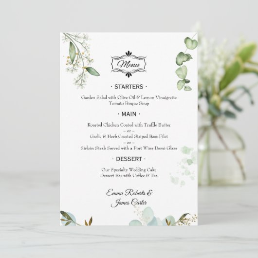 Elegant Greenery Tafel Trouwmenu Menu (Staand voorkant)