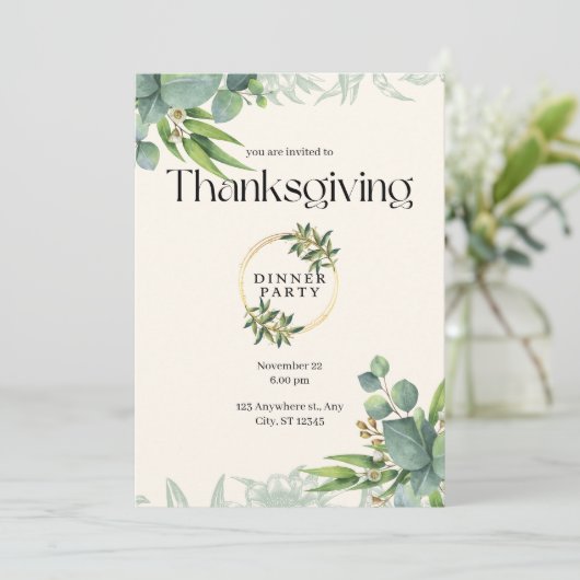 Elegant Greenery Thanksgiving Dinner Party Kaart (Staand voorkant)