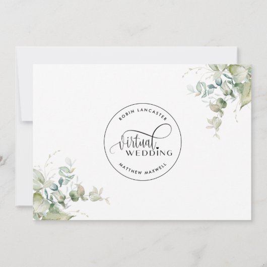 Elegant Greenery, unieke online virtuele bruiloft Save The Date (Achterkant)