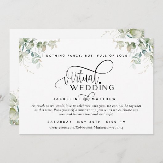 Elegant Greenery, unieke online virtuele bruiloft Save The Date (Voorkant / Achterkant)