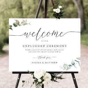 Elegant Greenery Unplugged Ceremony Sign Poster