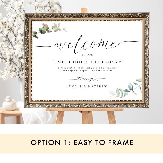 Elegant Greenery Unplugged Ceremony Sign Poster