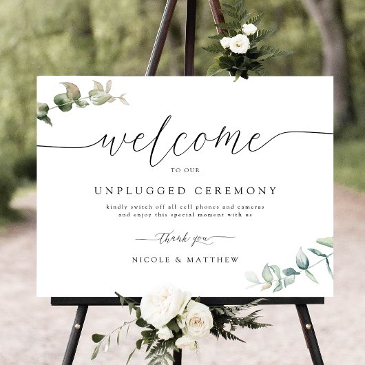 Elegant Greenery Unplugged Ceremony Sign Poster