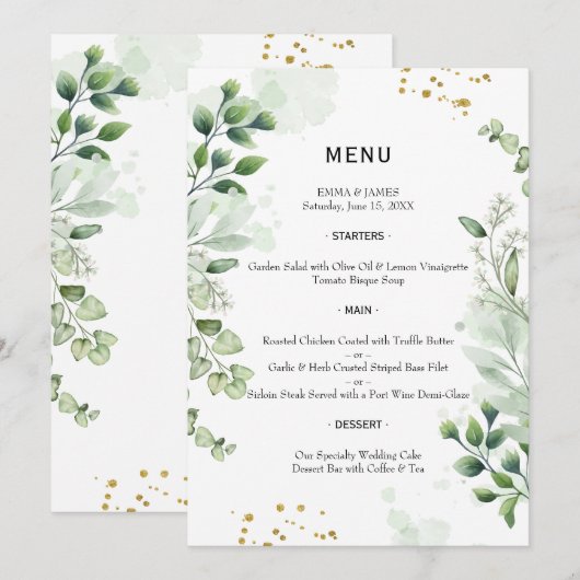 Elegant Greenery Watercolor Wedding Menu (Voorkant / Achterkant)