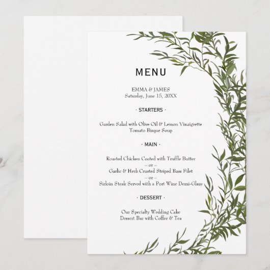 Elegant Greenery Watercolor Wedding Menu (Voorkant / Achterkant)