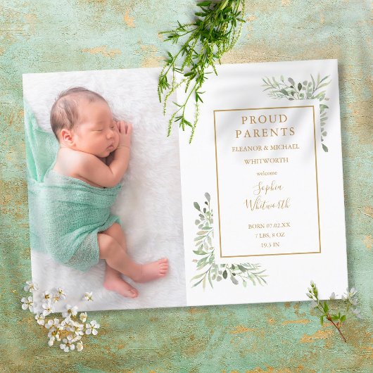 Elegant Greenery Waterverf Baby Foto geboortedatum Aankondigingskaart