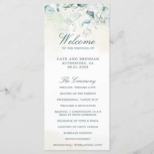 Elegant Greenery Waterverf Eucalyptus Wedding Programmakaart (Voorkant)