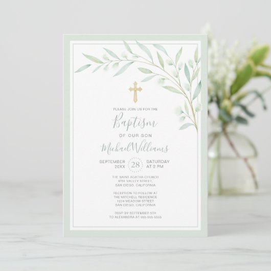 Elegant Greenery Waterverf Gender Neutral Baptisme Kaart (Staand voorkant)