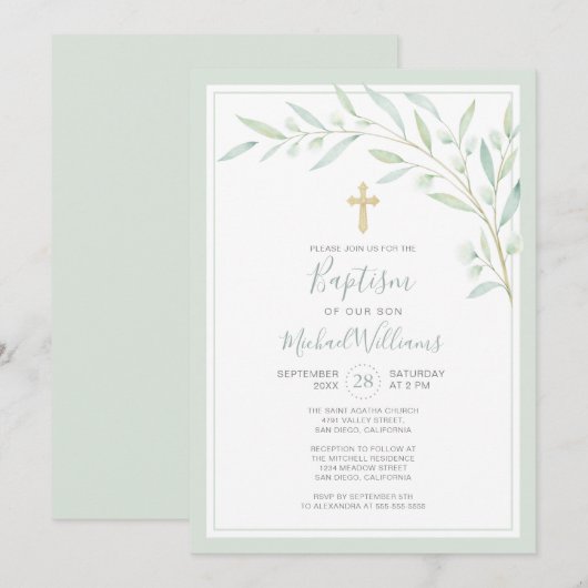 Elegant Greenery Waterverf Gender Neutral Baptisme Kaart (Voorkant / Achterkant)