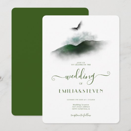 Elegant Greenery Waterverf Mountains Wedding Kaart (Voorkant / Achterkant)