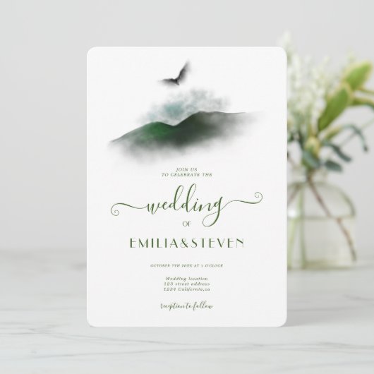 Elegant Greenery Waterverf Mountains Wedding Kaart (Staand voorkant)