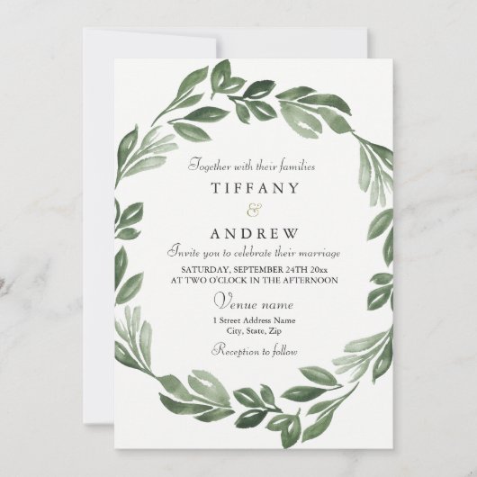 Elegant Greenery Waterverf Wreath Wedding Invite Kaart (Voorkant)