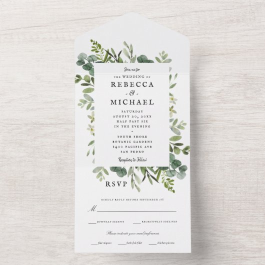Elegant Greenery Wedding All In One Uitnodiging (Binnen)