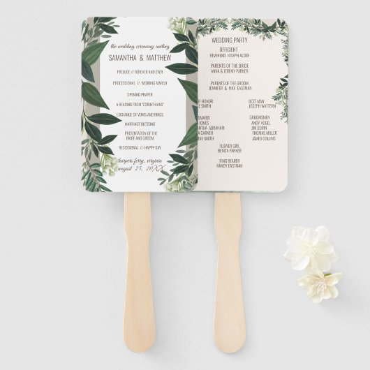 Elegant Greenery Wedding Ceremony Programme Handwaaier (Voorkant en achterkant)