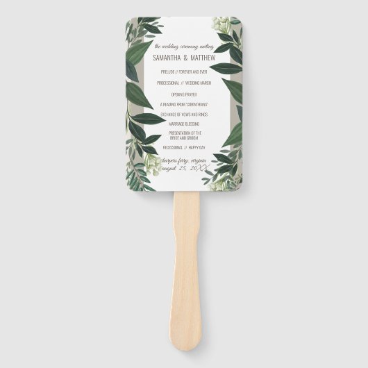 Elegant Greenery Wedding Ceremony Programme Handwaaier (Voorkant)