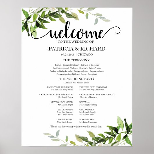 Elegant Greenery Wedding Ceremony Programme Poster (Voorkant)