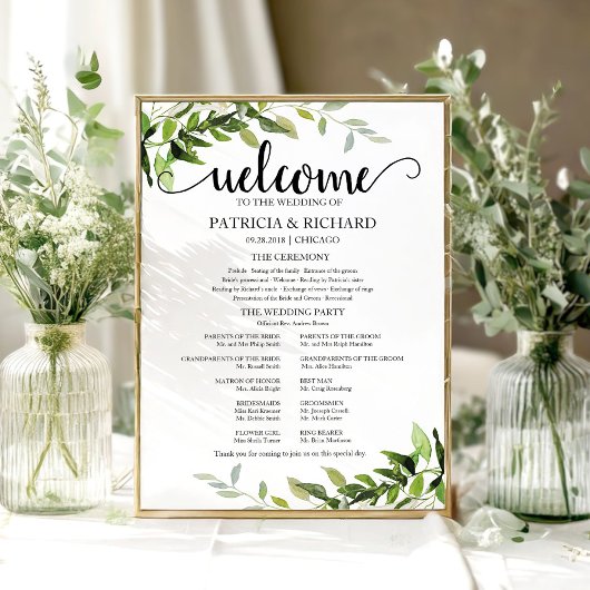 Elegant Greenery Wedding Ceremony Programme Poster