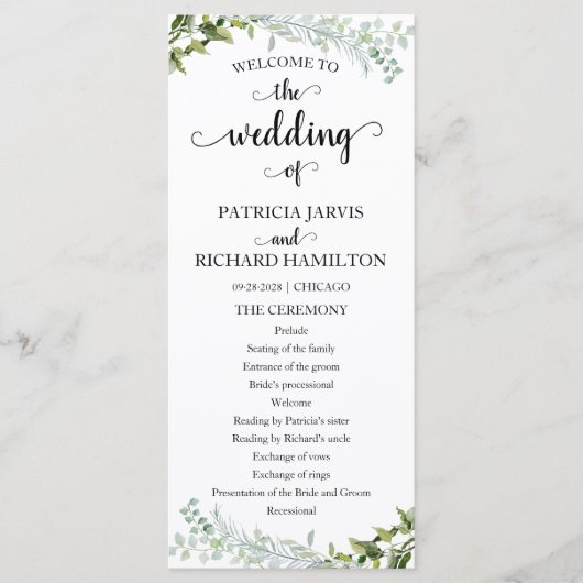 Elegant Greenery Wedding Ceremony Programme Programmakaart (Voorkant)