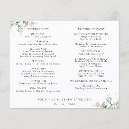 Elegant Greenery Wedding Chronologie en Programma (Achterkant)