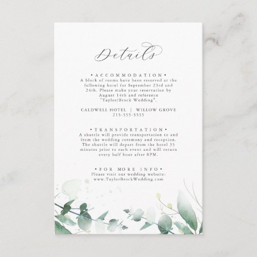 Elegant Greenery Wedding Details Enclosure Kaart (Voorkant)