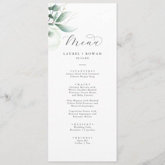 Elegant Greenery Wedding Dinner Menu (Voorkant)