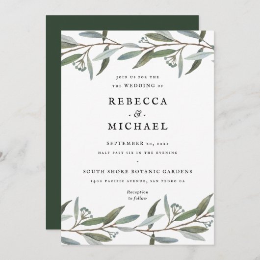 Elegant Greenery Wedding Invitation (Voorkant / Achterkant)