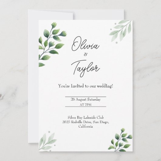 Elegant Greenery Wedding Invitation Kaart (Voorkant)