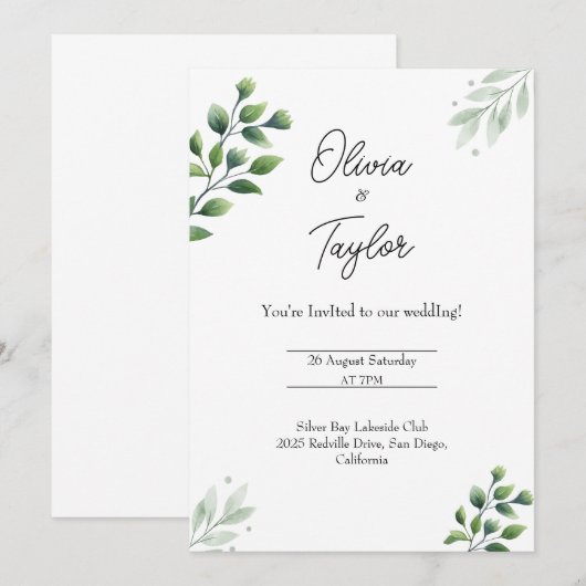 Elegant Greenery Wedding Invitation Kaart (Voorkant / Achterkant)