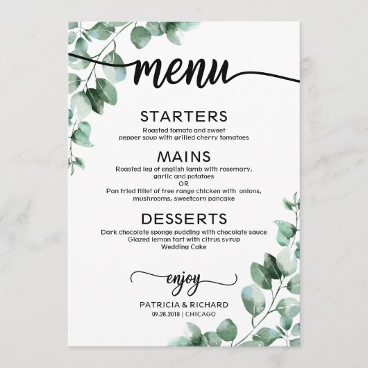 Elegant Greenery Wedding Menu Kaart (Voorkant)