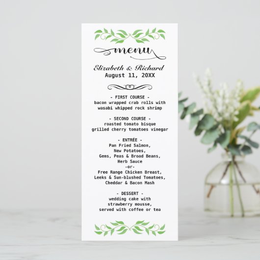 Elegant Greenery Wedding Menu Kaart - gepersonalis (Staand voorkant)