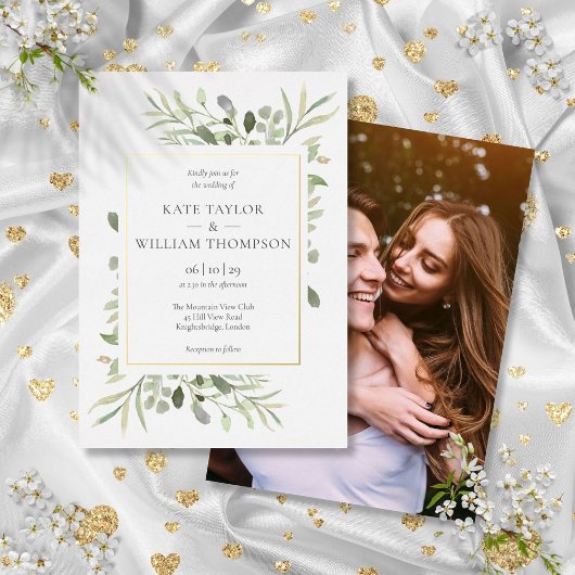 Elegant Greenery Wedding Photo Gold Folie Uitnodiging